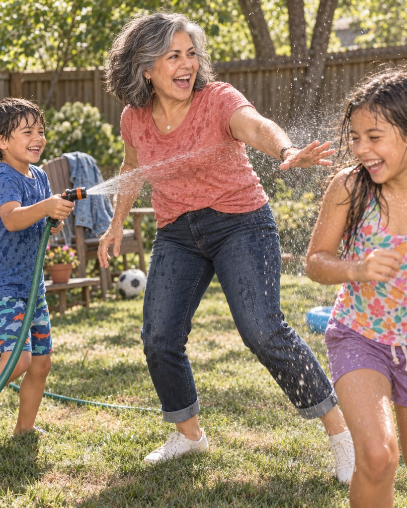 Elena laughing with her grandchildren as they play with a garden hose in the backyard.