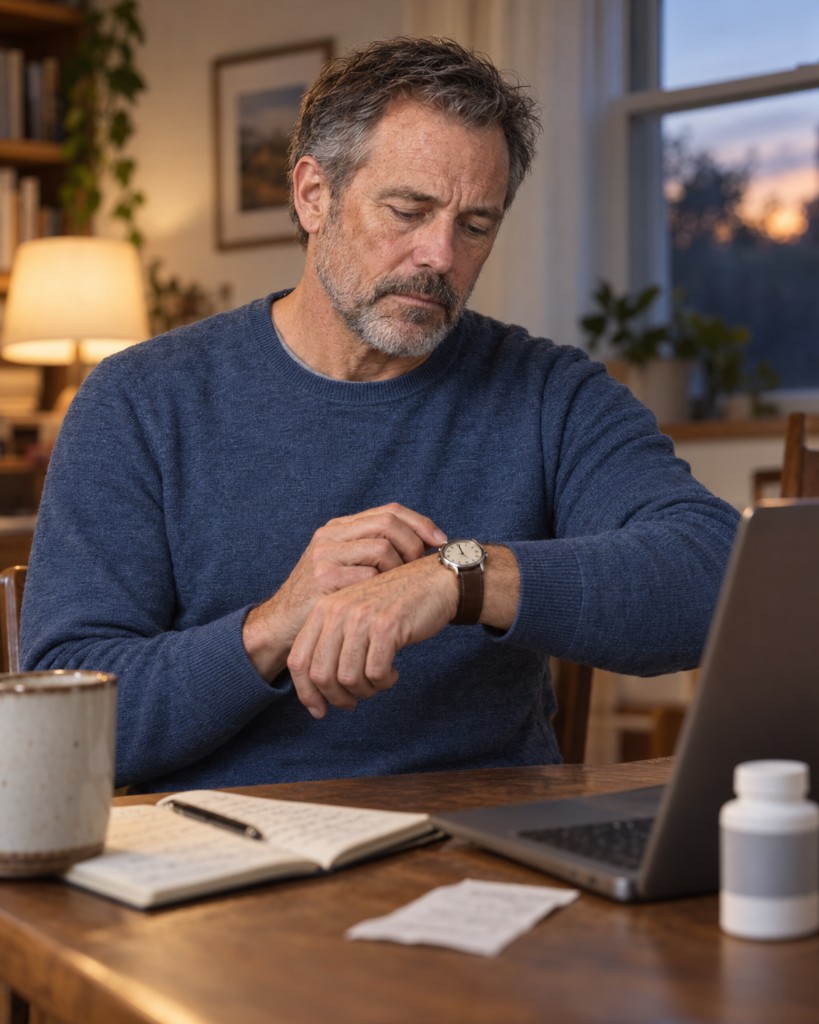Thomas checking his watch at the kitchen table at dusk, with a laptop, notes, and a pill bottle nearby.
