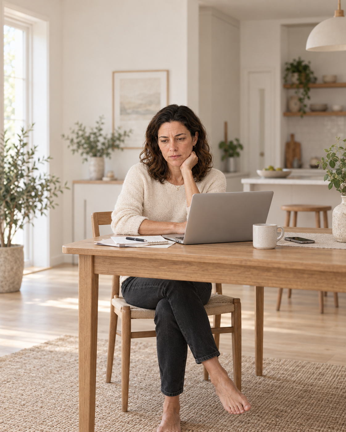 The woman from the opening sitting alone at her kitchen table with a laptop and notes.