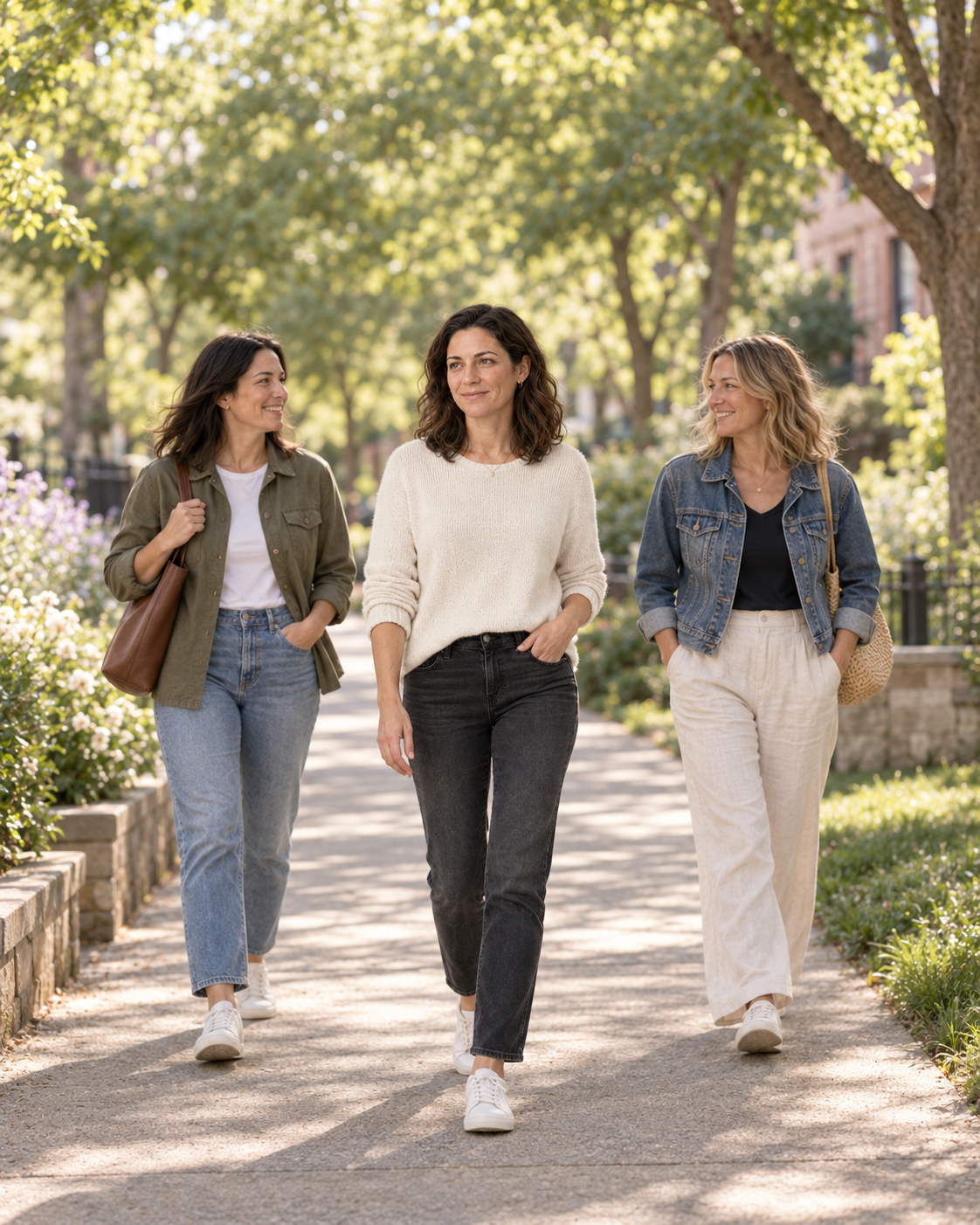 The same woman walking on a leafy path with two friends a step behind her.