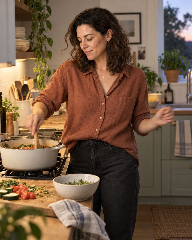 The woman from the opening, cooking dinner in her kitchen at the end of the day.