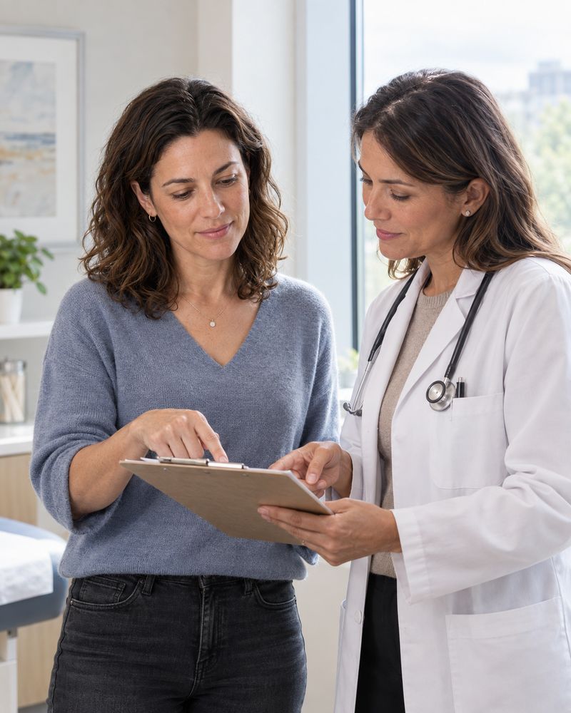 The woman from the opening, reading through her notes with a clinician.